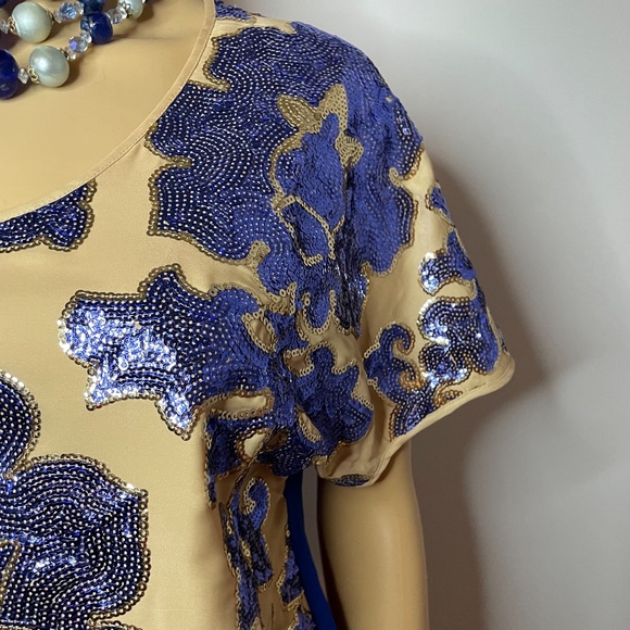 Neiman Marcus Tracy Reese blue silky back w nude front blue sequined front tunic - Picture 4 of 16